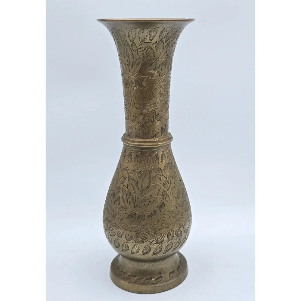 Vintage Etched Brass Vase Floral Hand Engraved Made in India 8.5 Inch Boho Decor